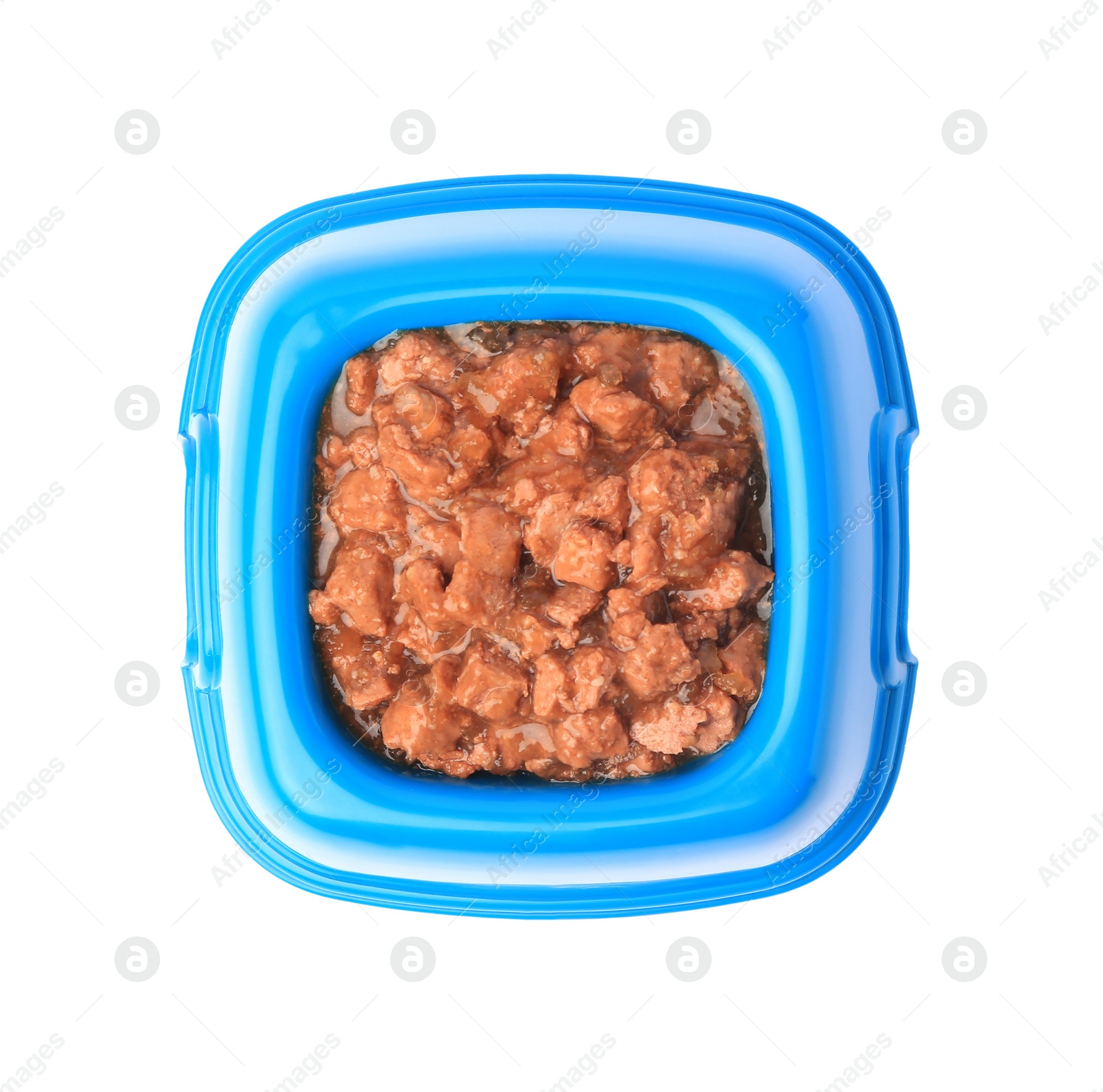 Photo of Wet pet food in feeding bowl isolated on white, top view