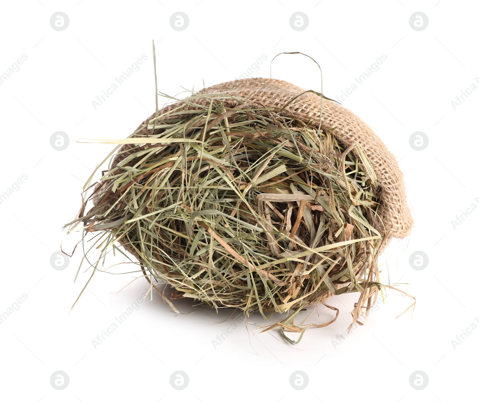 Photo of Dried hay in burlap sack isolated on white