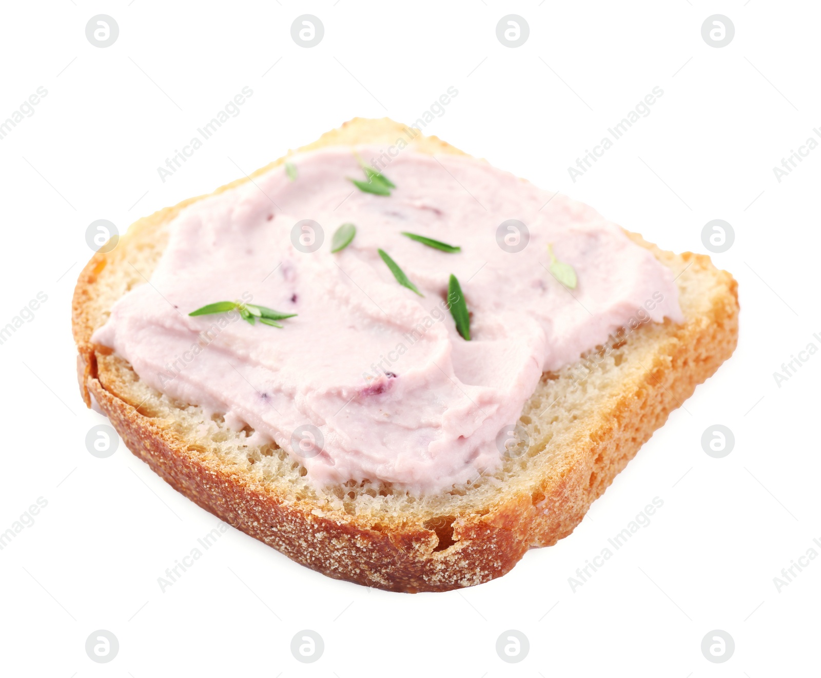 Photo of Tasty sandwich with cream cheese and thyme isolated on white