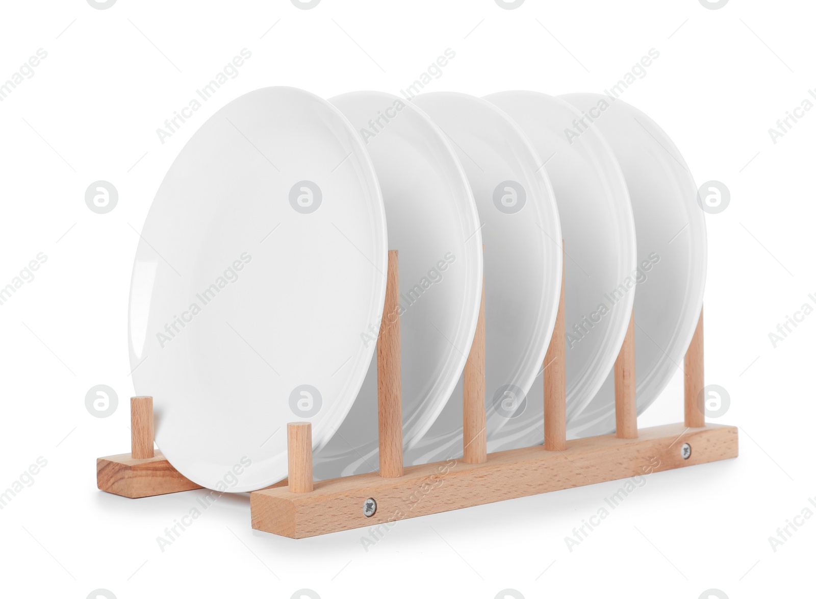 Photo of Rack with clean dishes on white background