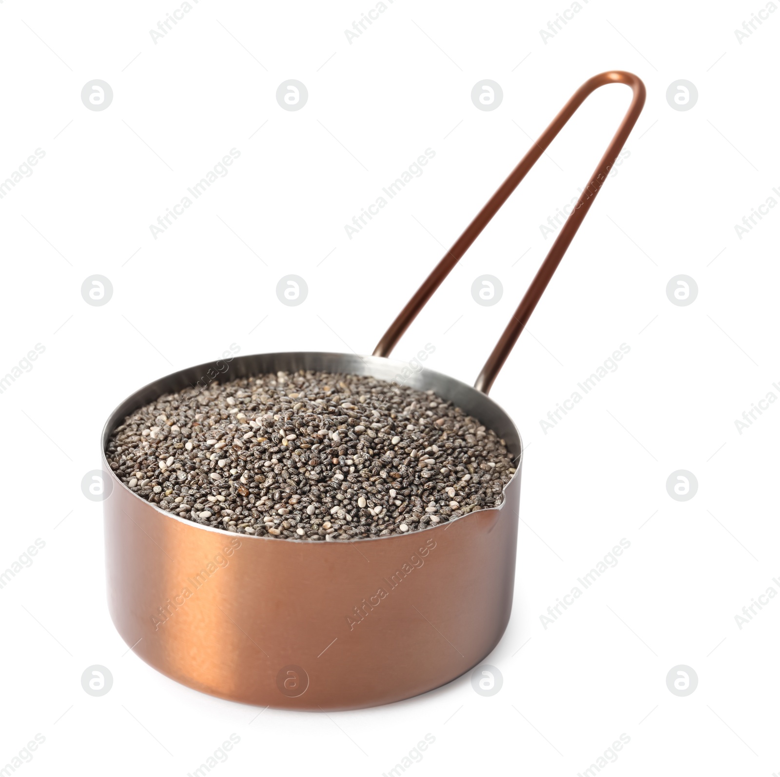 Photo of Saucepan with chia seeds isolated on white