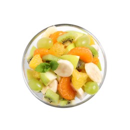 Delicious fresh fruit salad in bowl on white background, top view