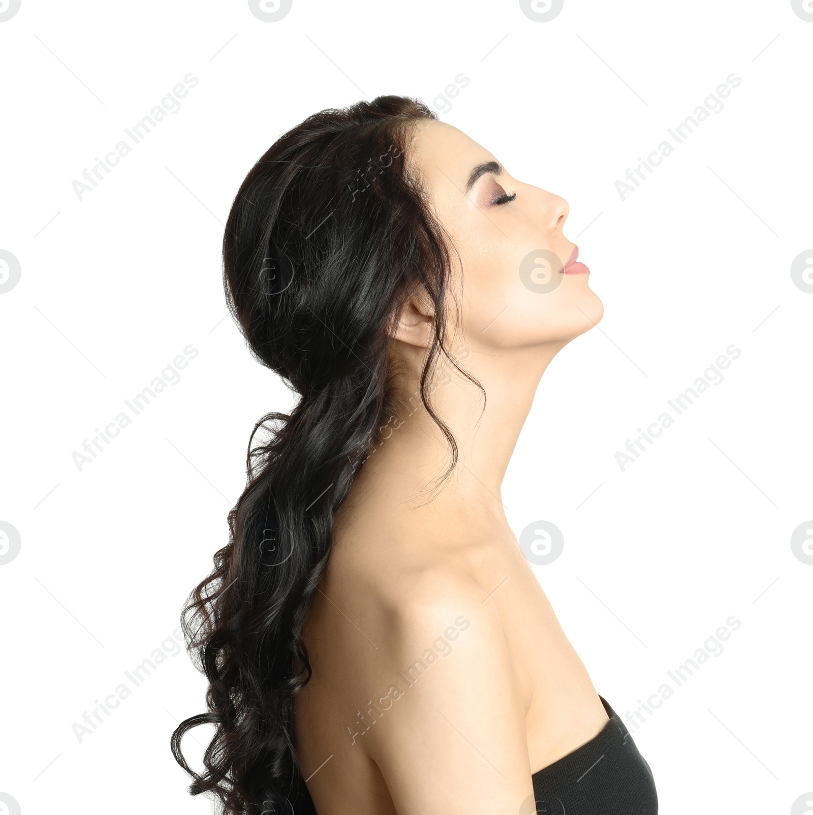 Photo of Portrait of beautiful woman with long hair on white background
