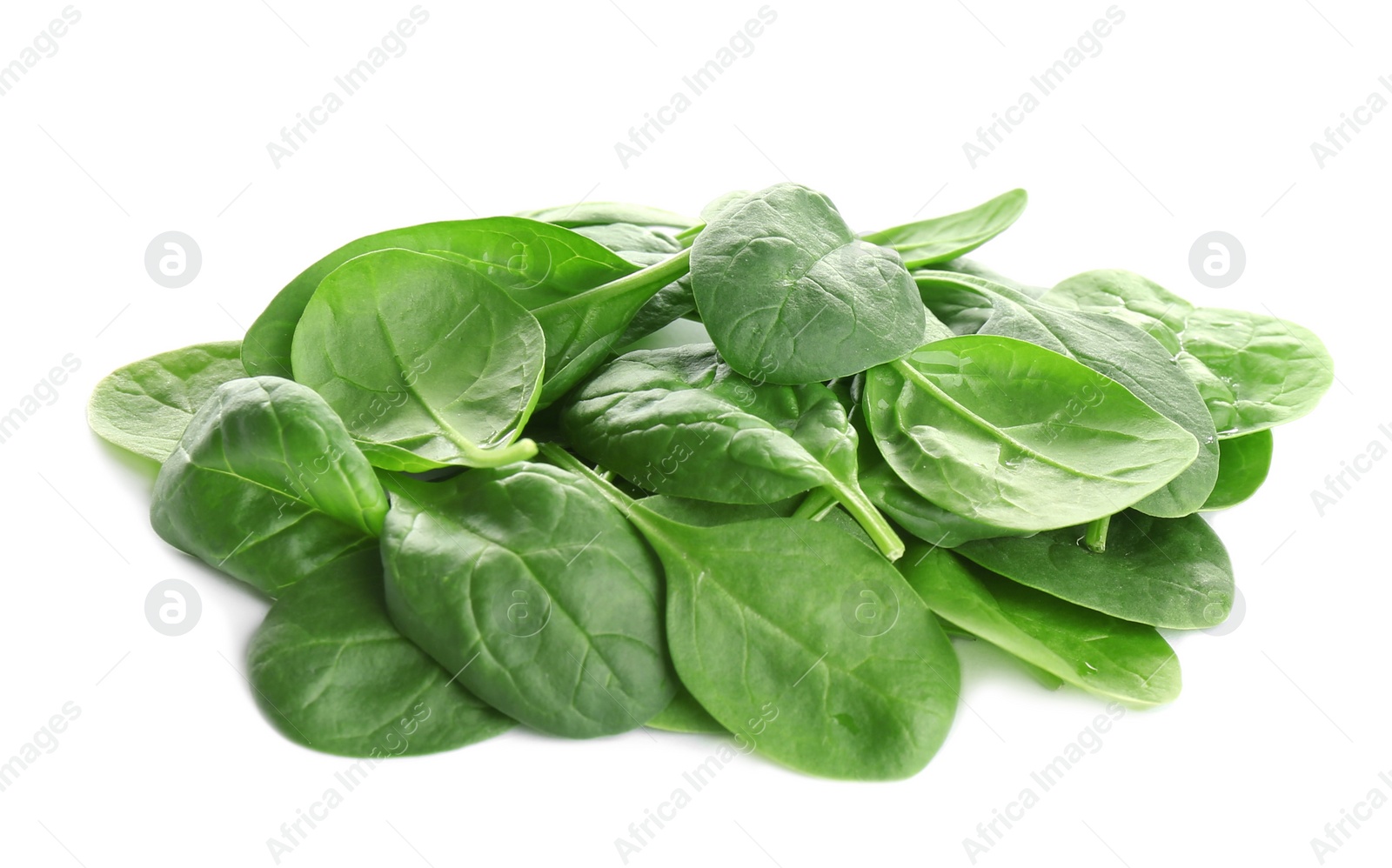 Photo of Pile of fresh green healthy baby spinach leaves on white background