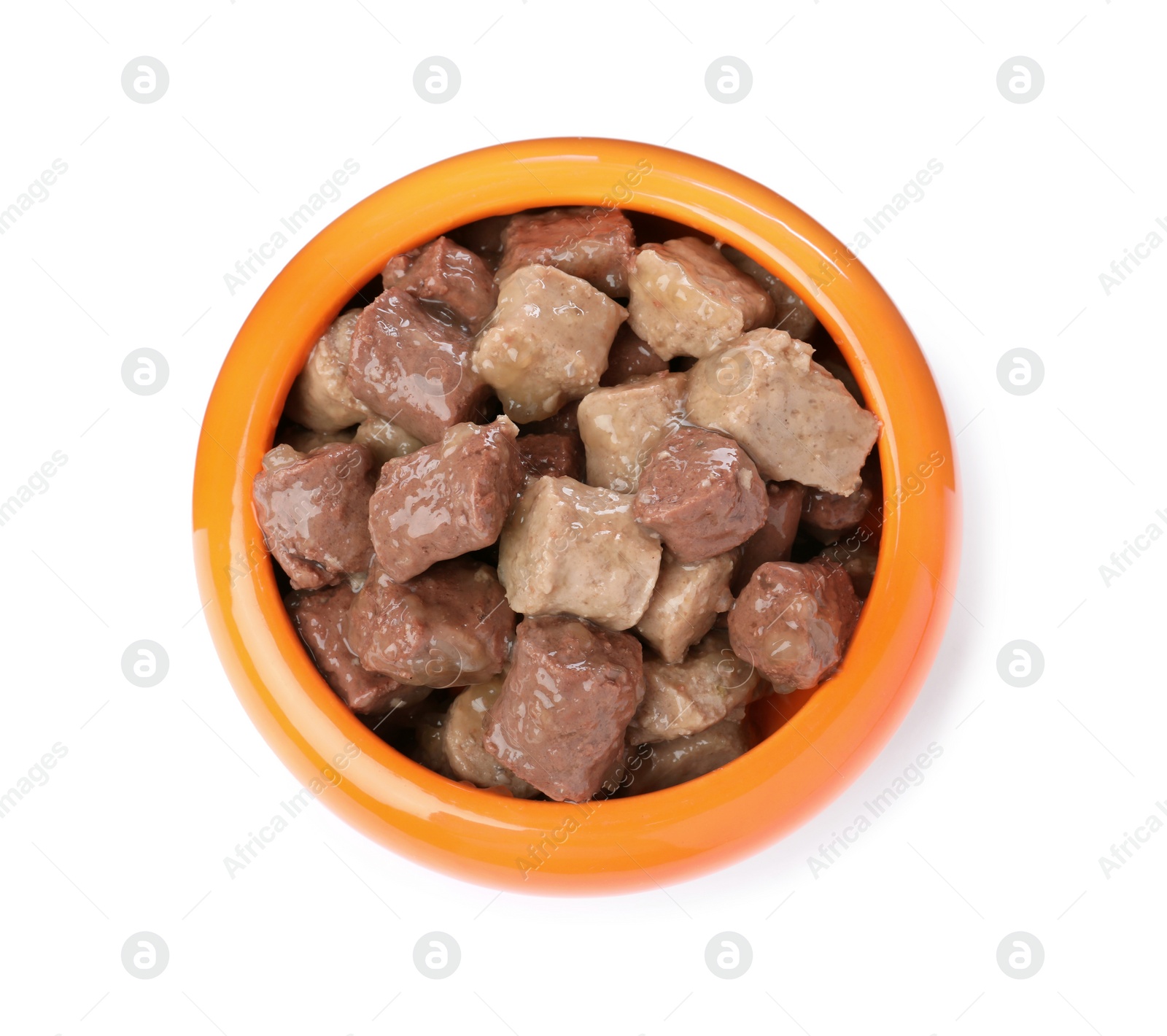 Photo of Wet pet food in feeding bowl isolated on white, top view