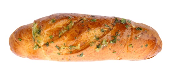 Photo of Bread loaf with garlic and herbs on white background