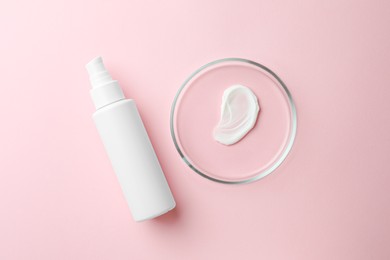 Petri dish and cosmetic product on pink background, flat lay