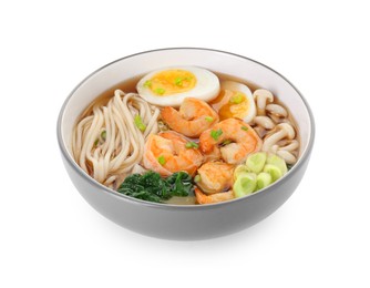 Photo of Delicious ramen with shrimps and egg in bowl isolated on white. Noodle soup