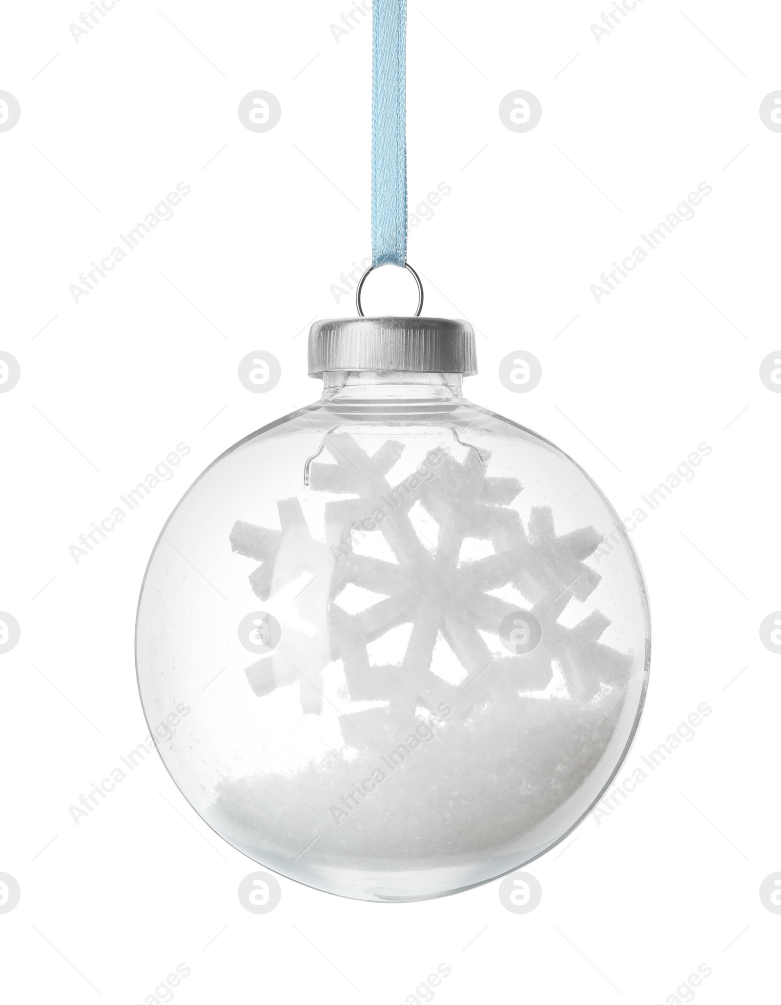 Photo of Decorative snow globe hanging on white background