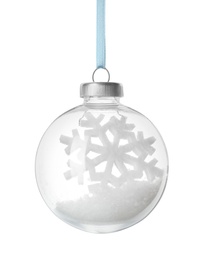 Photo of Decorative snow globe hanging on white background