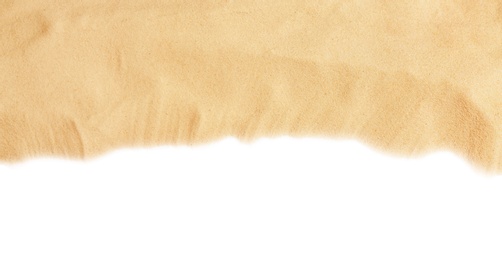 Photo of Dry beach sand on white background, top view