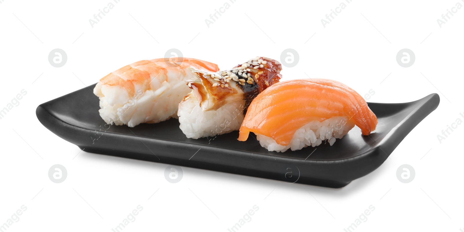 Photo of Plate with delicious nigiri sushi isolated on white