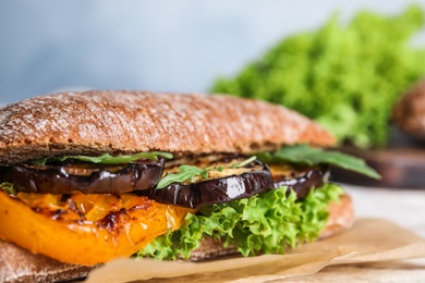 Delicious fresh sandwich with eggplant, closeup view