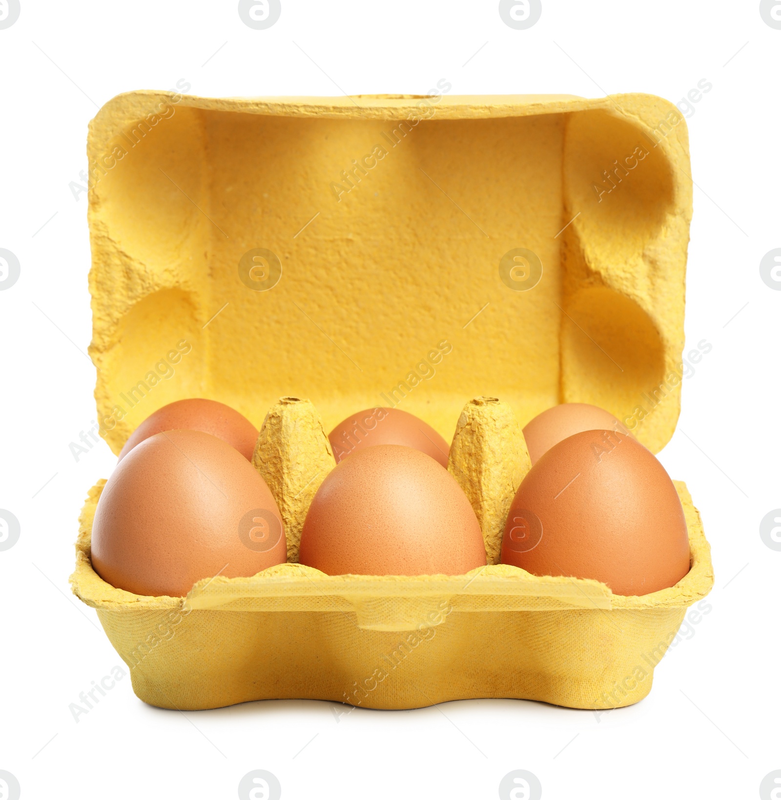 Photo of Chicken eggs in carton isolated on white