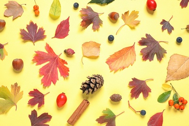 Photo of Beautiful composition with autumn leaves on yellow background, flat lay