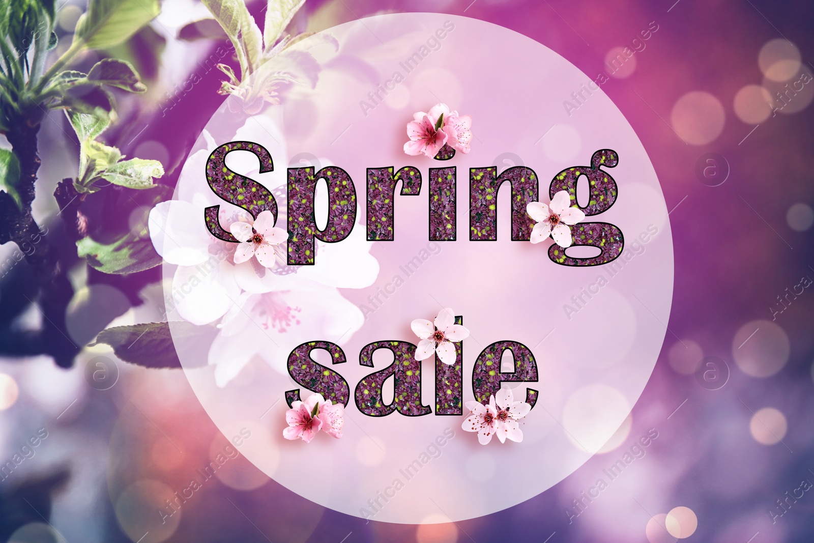 Image of Flyer design with text Spring Sale and beautiful flowers on color background, bokeh effect