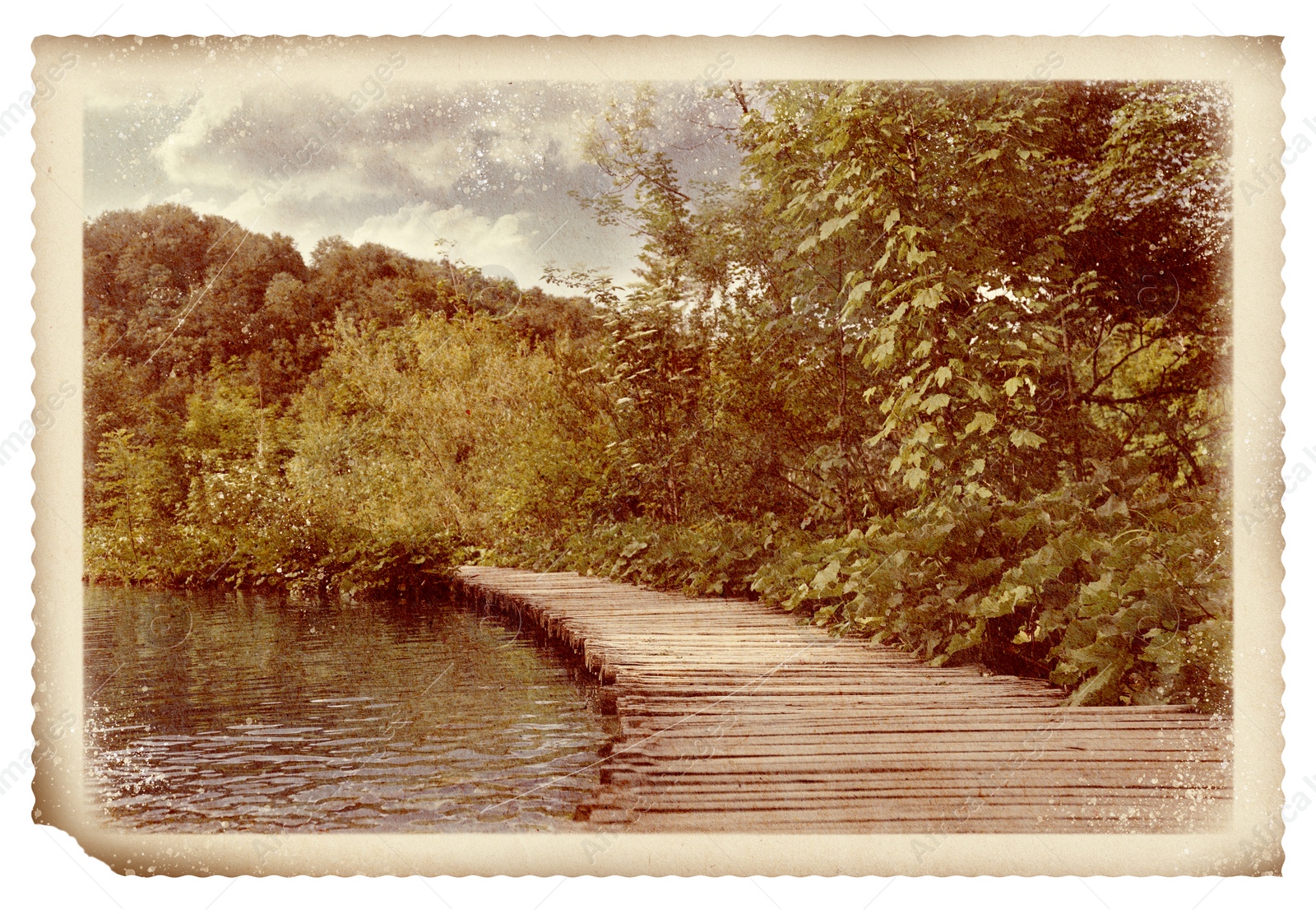 Image of Old paper photo. Wooden bridge over river and beautiful view of forest