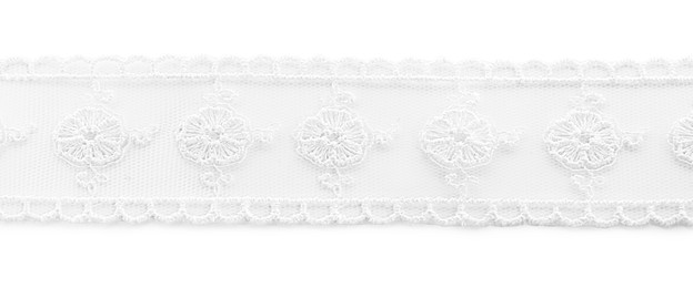 Photo of Beautiful lace with pattern isolated on white, top view