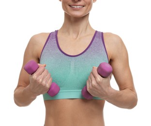 Photo of Sportswoman exercising with dumbbells on white background, closeup
