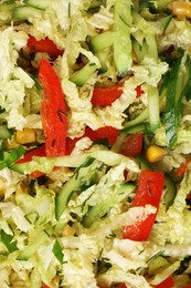 Photo of Delicious salad with Chinese cabbage, cucumber and bell pepper as background, top view