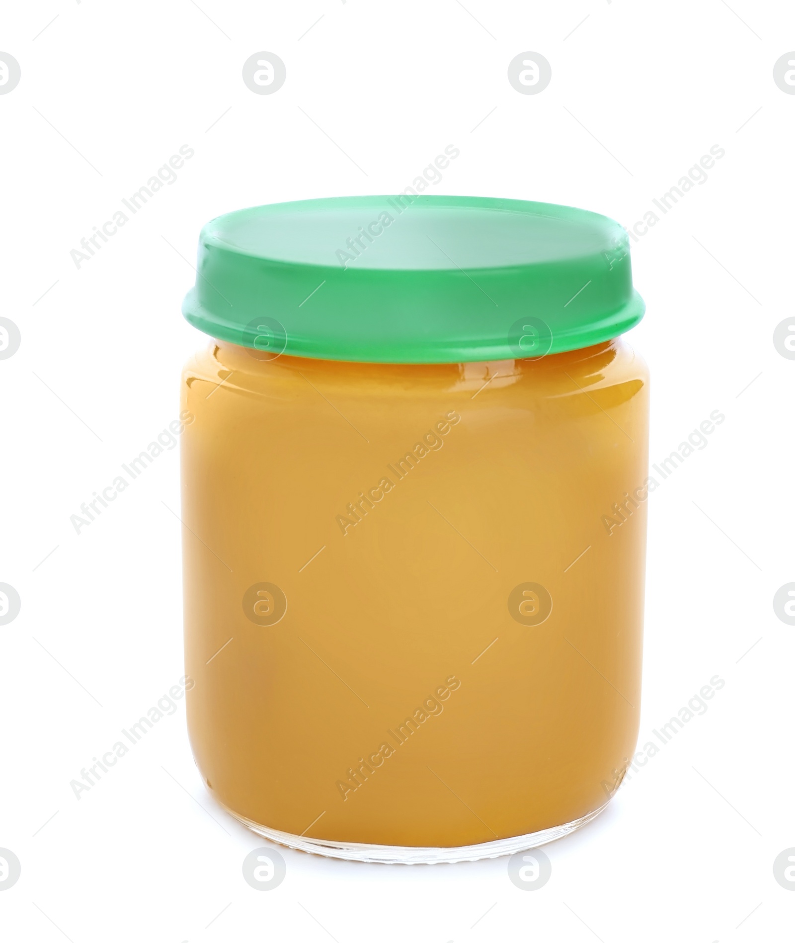 Photo of Jar with healthy baby food on white background