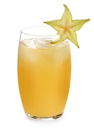 Delicious carambola juice in glass on white background