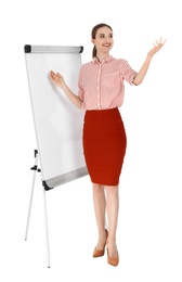 Photo of Professional business trainer near flip chart board on white background