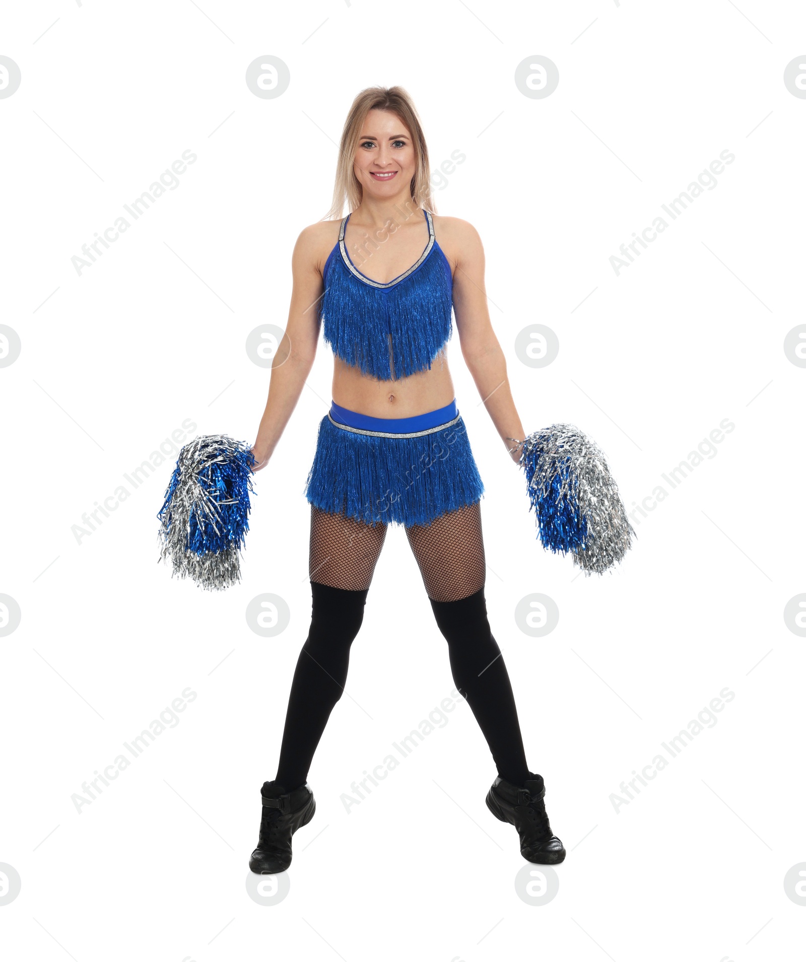 Photo of Beautiful cheerleader in costume holding pom poms on white background