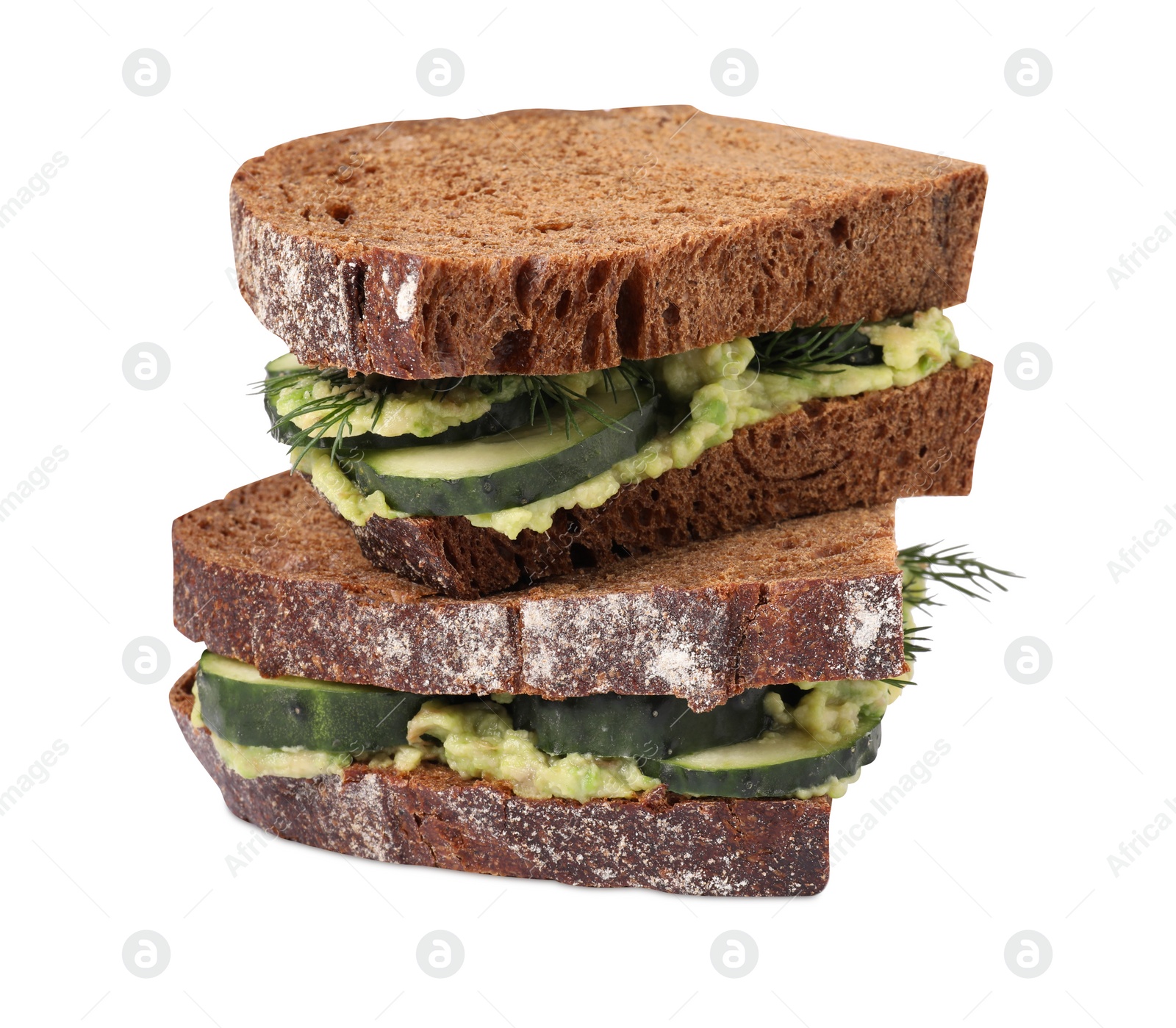 Photo of Tasty sandwiches with cucumber, cream cheese and dill isolated on white