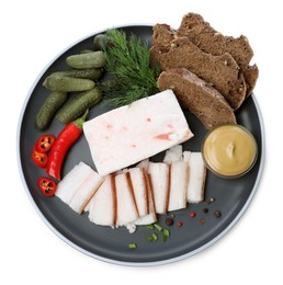 Photo of Pork fatback with spices, rye bread and pickled cucumbers isolated on white, top view
