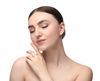 Photo of Makeup product. Woman with black eyeliner and beautiful eyebrows on white background