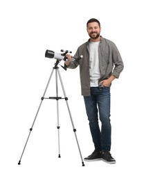 Happy astronomer with telescope on white background