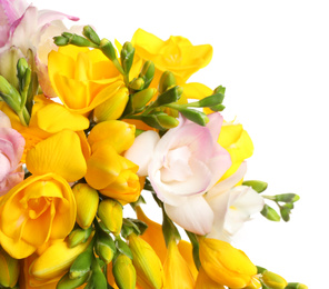 Bouquet of beautiful freesia flowers on white background, closeup