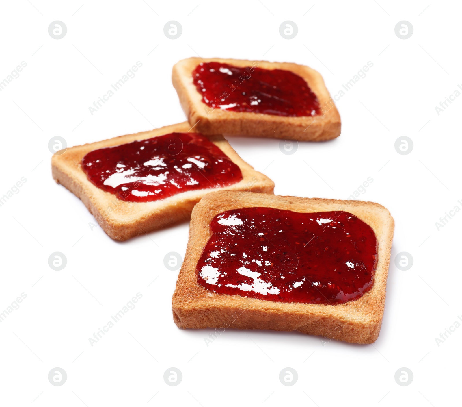 Photo of Delicious crispy toasts with berry jam on white background