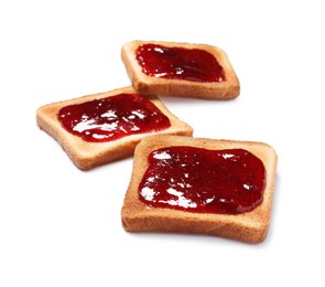 Photo of Delicious crispy toasts with berry jam on white background