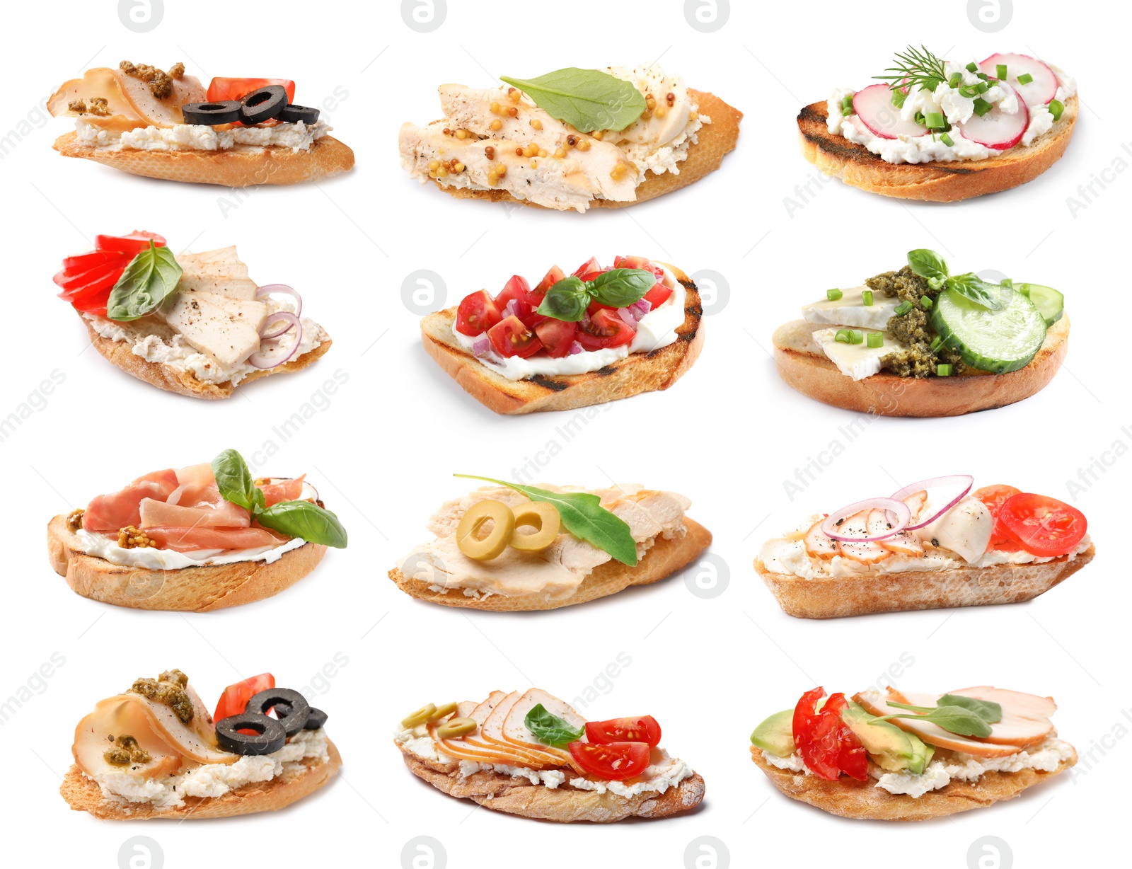 Image of Set of toasted bread with different toppings on white background