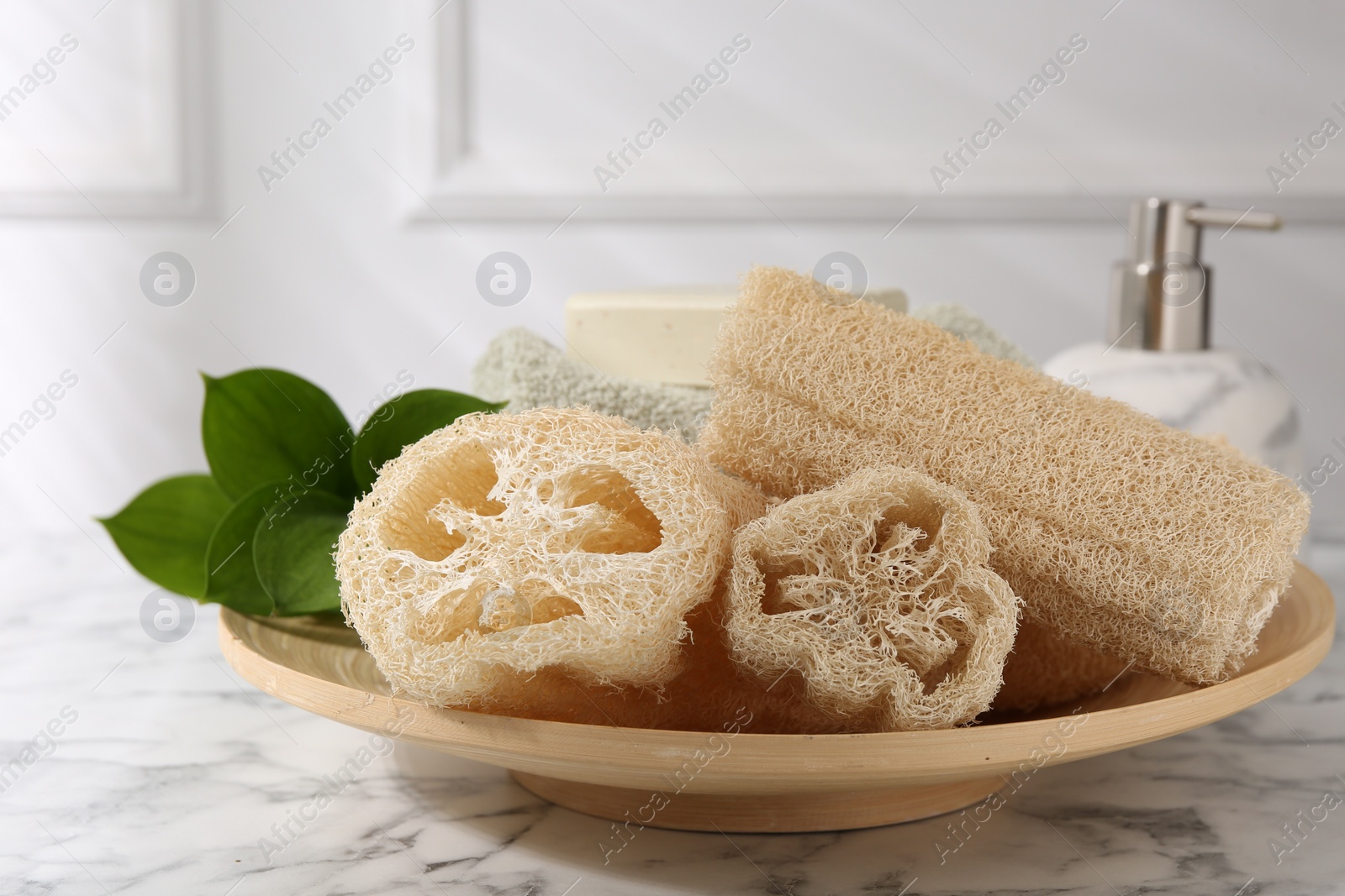 Photo of Loofah sponges, soap and green leaves on white marble table