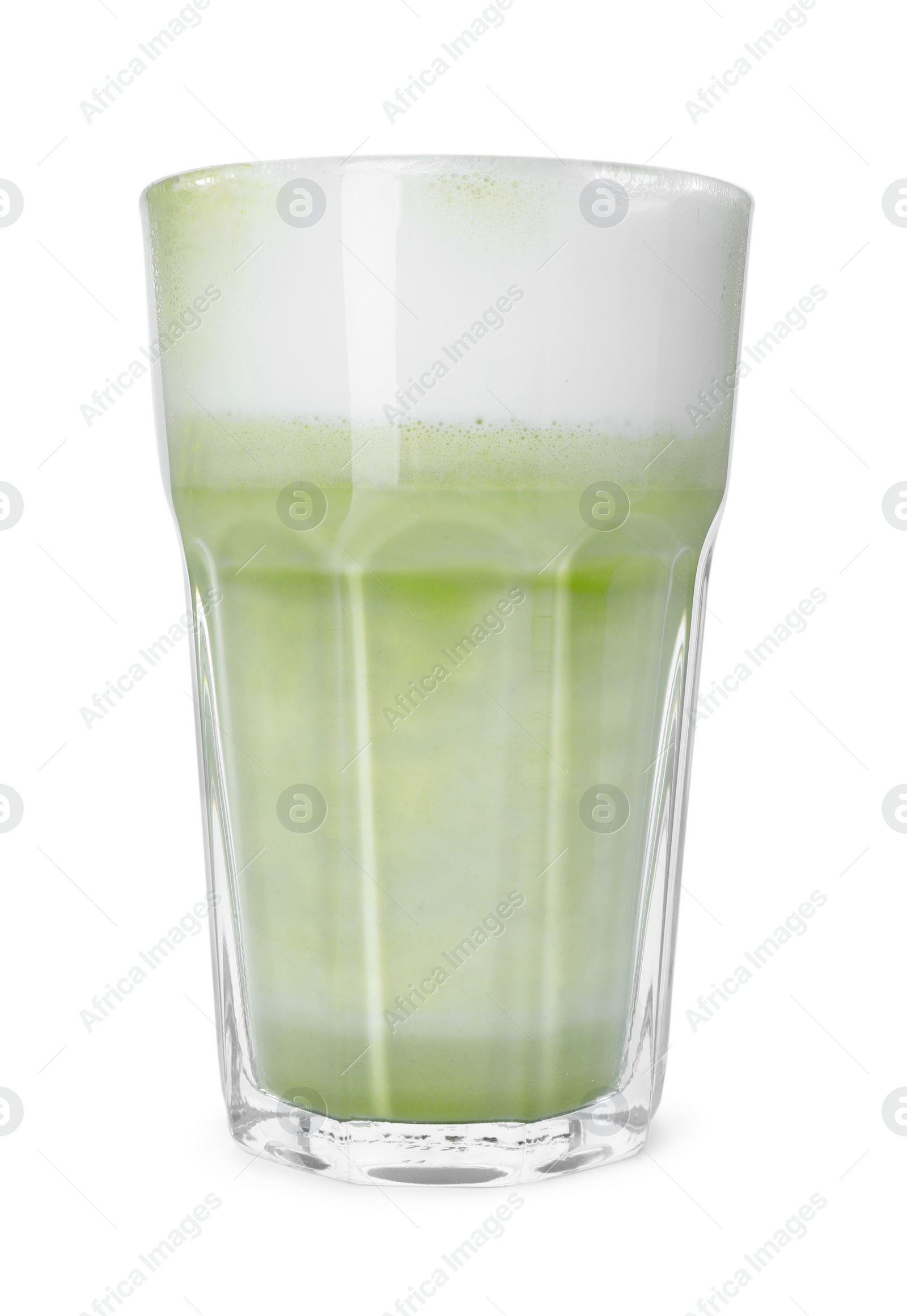 Photo of Glass of tasty matcha latte isolated on white