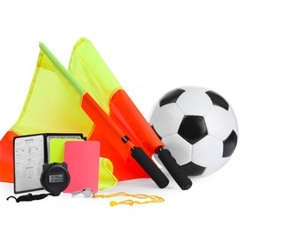 Football referee equipment. Soccer ball, flags, stopwatch, cards and whistle isolated on white