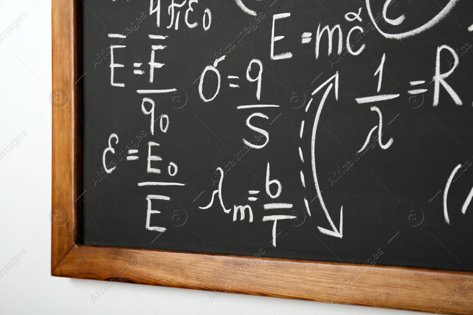 Photo of Blackboard with different physical formulas written with chalk on white wall