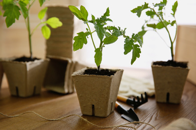 Photo of Gardening tools, rope and green tomato seedling in peat pot on wooden table