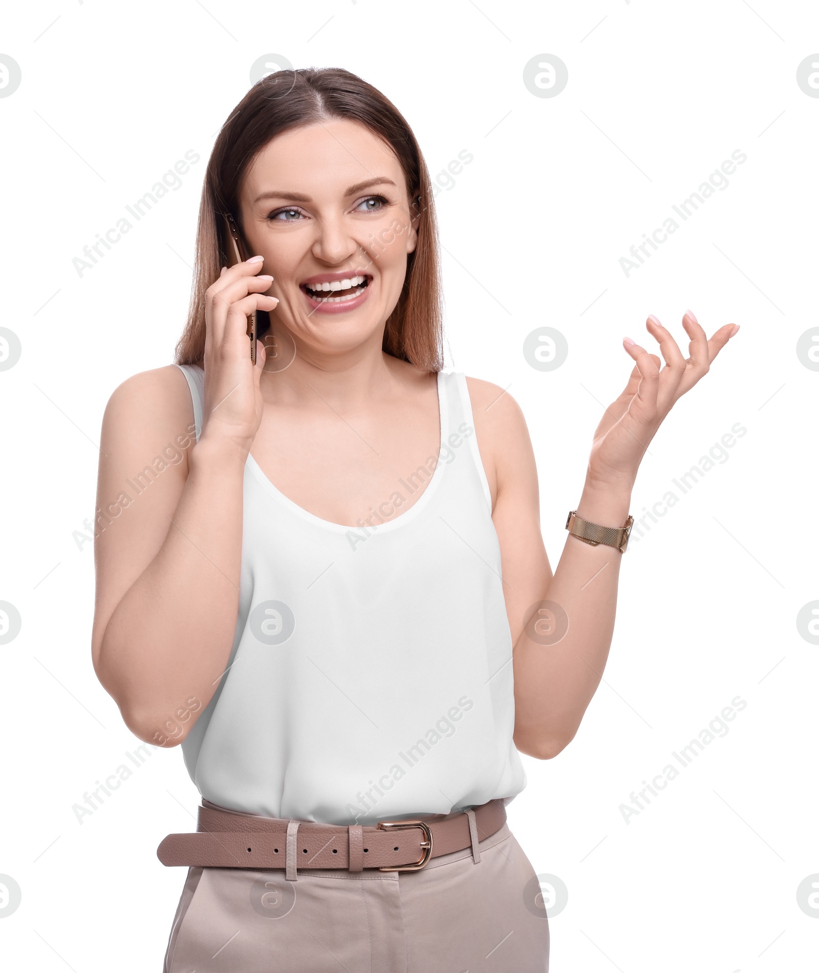 Photo of Beautiful businesswoman talking on smartphone against white background