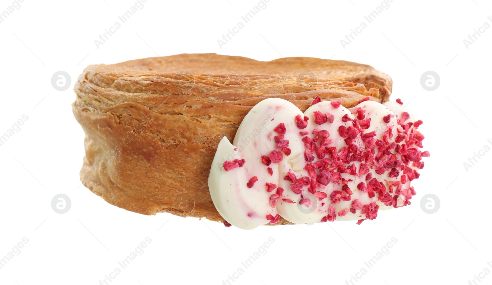 Photo of One supreme croissant with cream on white background. Tasty puff pastry