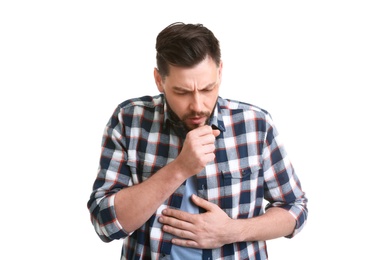 Photo of Mature man coughing on white background