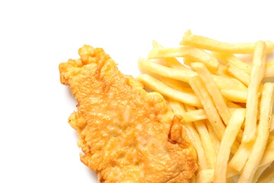 Photo of British Traditional Fish and potato chips on white background