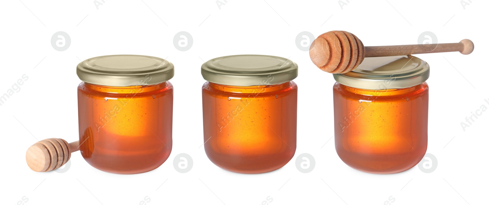 Image of Natural honey in glass jars isolated on white, set