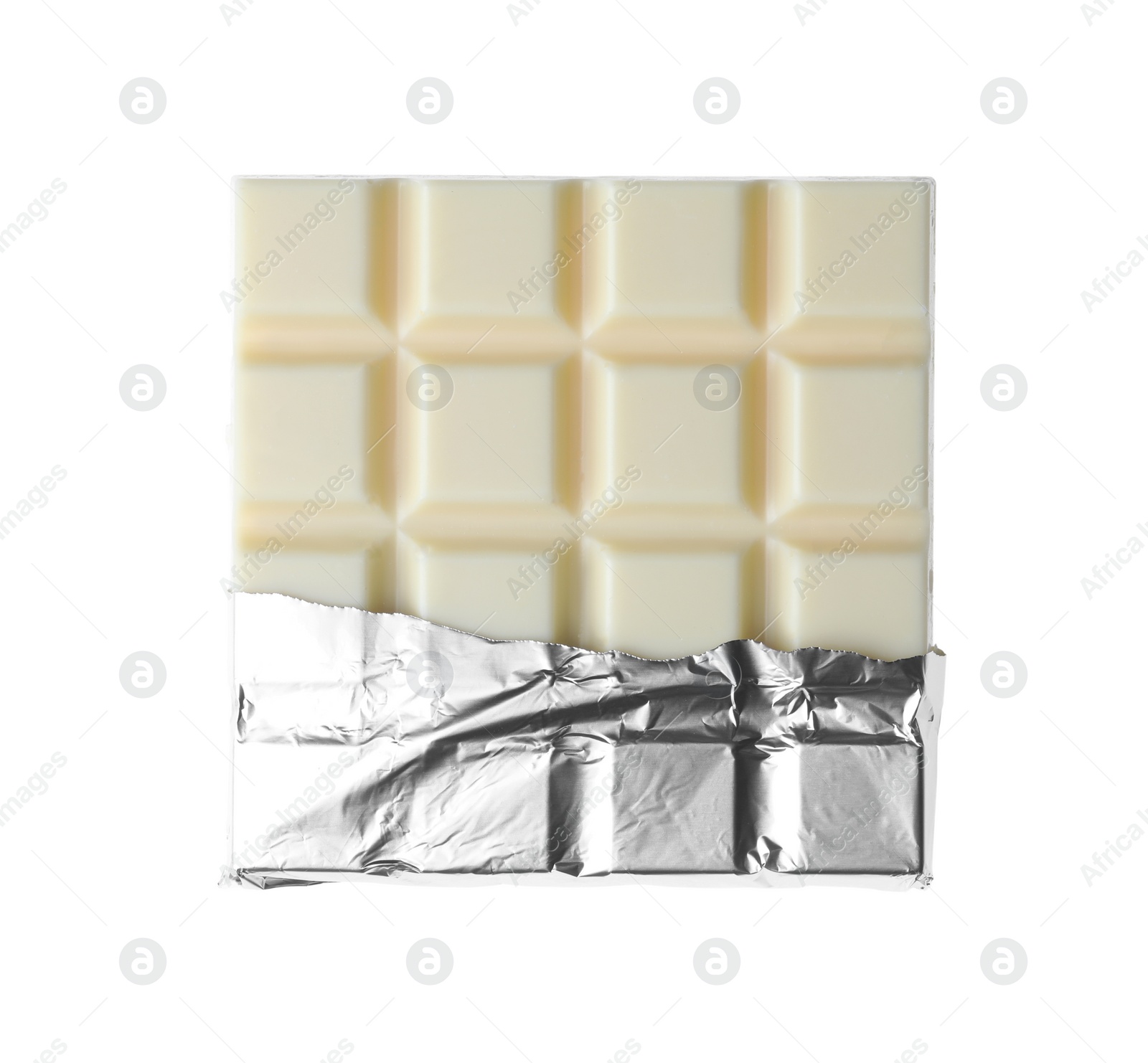 Photo of Delicious chocolate bar wrapped in foil isolated on white