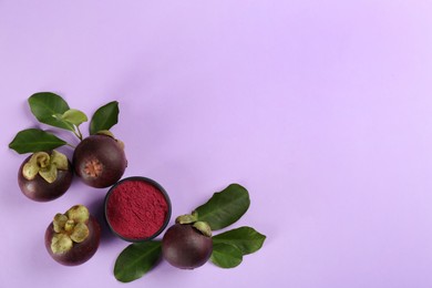 Photo of Mangosteen powder and fruits on violet background, flat lay. Space for text