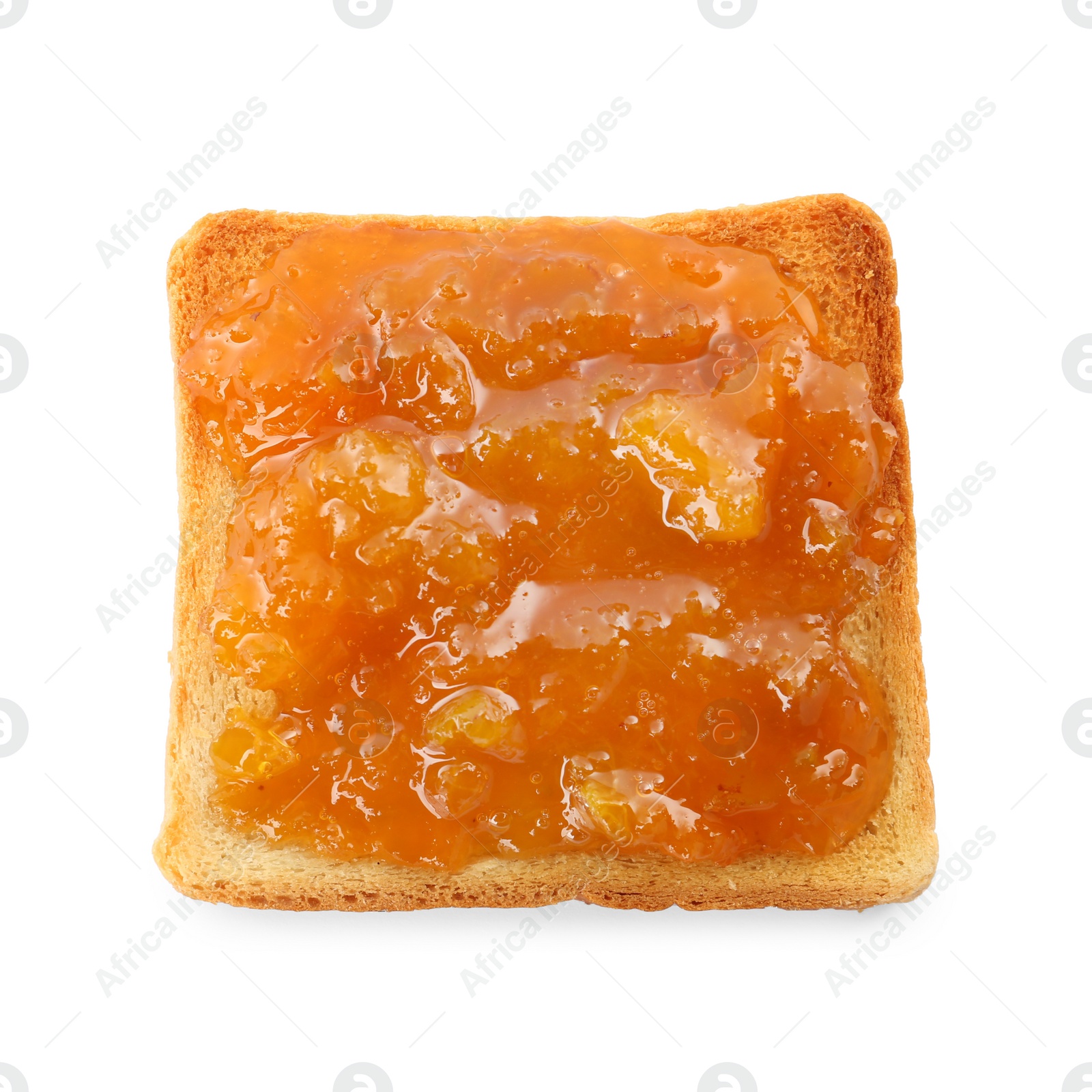 Photo of Toast with tasty orange jam on white background, top view