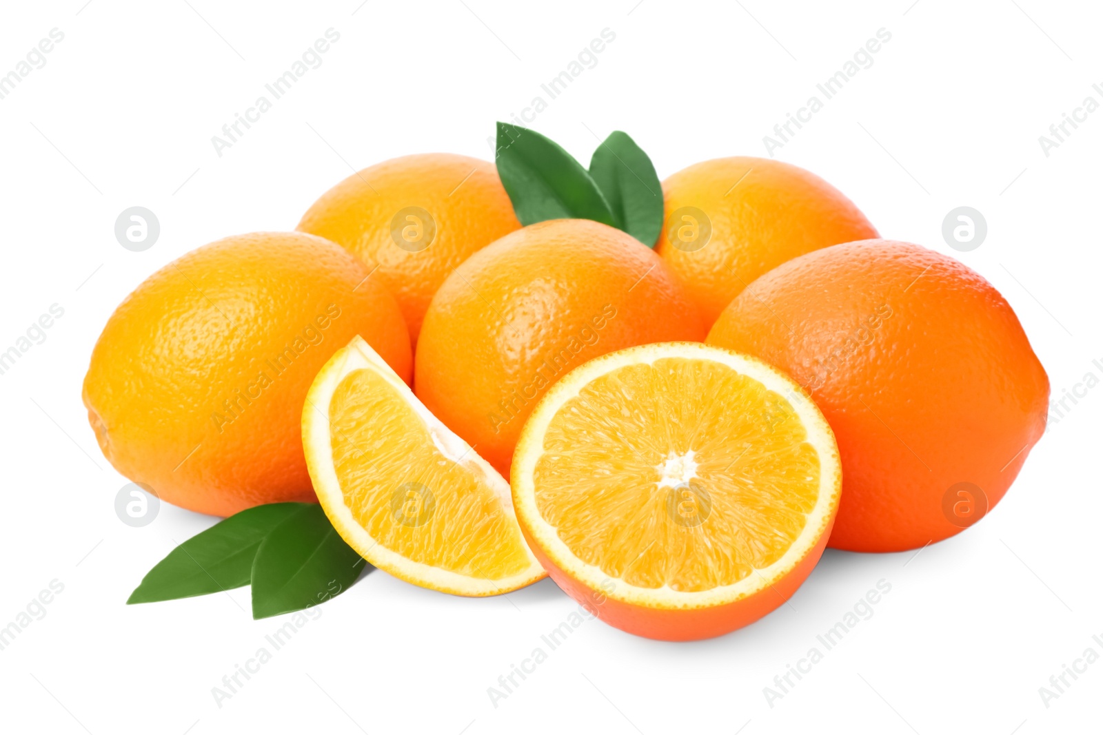 Photo of Fresh oranges with leaves isolated on white